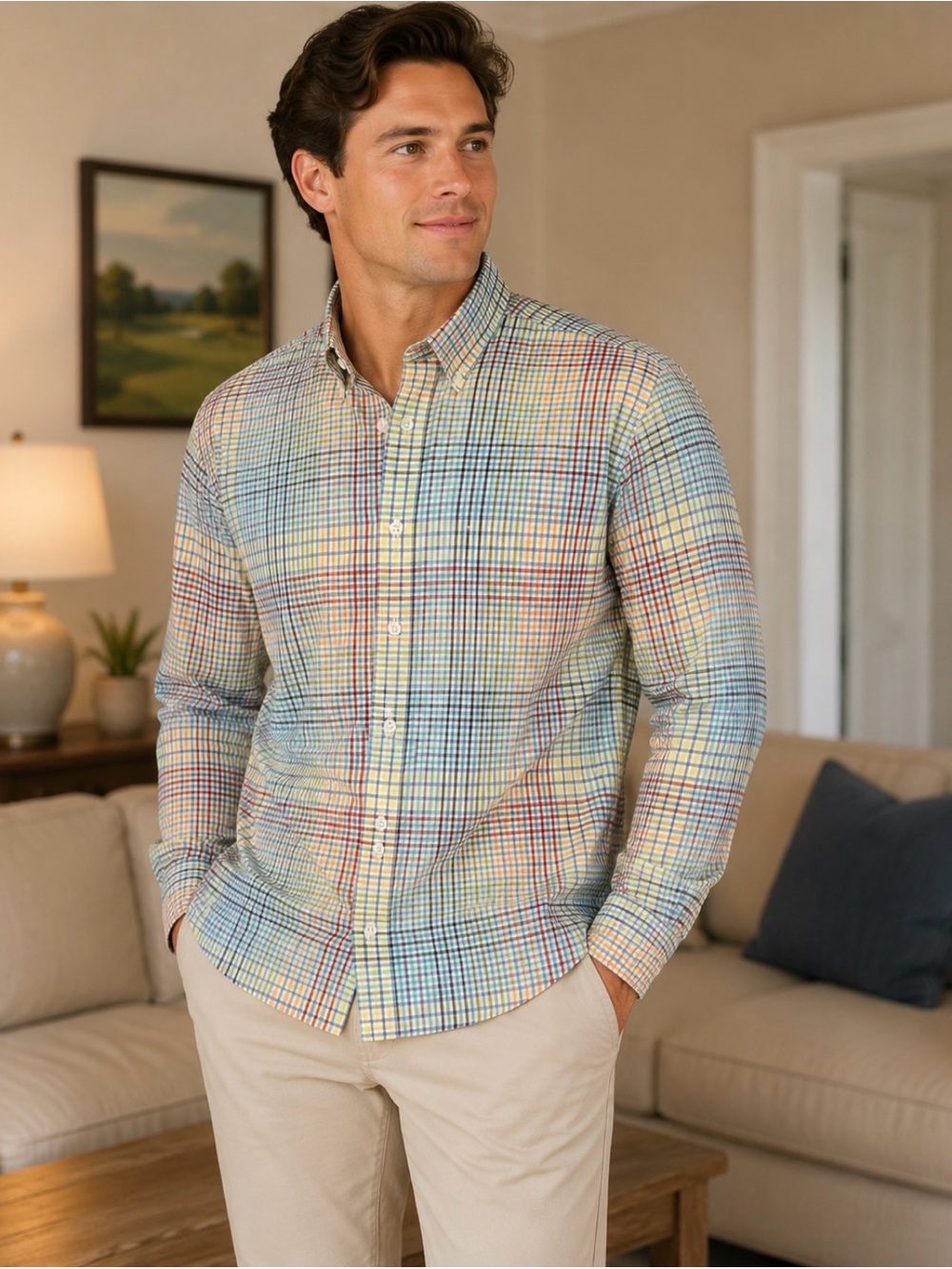 Alan Flusser 100% cotton button-down shirt in pastel multicolor plaid pattern